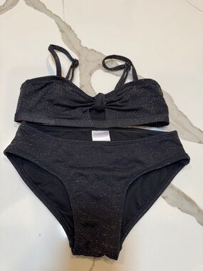 LIKE NEW Art Class Girls Black Gold Glitter Knot-Front Bikini Set Small 6/7